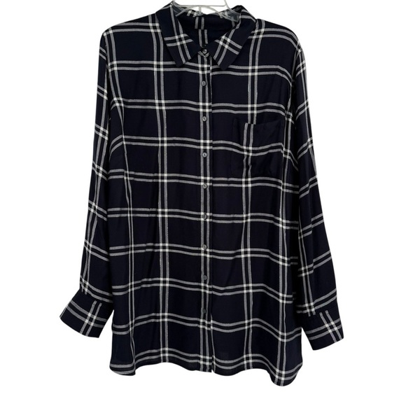 Talbots Woman 2X Button Down Shirt Top Navy Blue Plaid Long Sleeves Collared - Picture 1 of 10